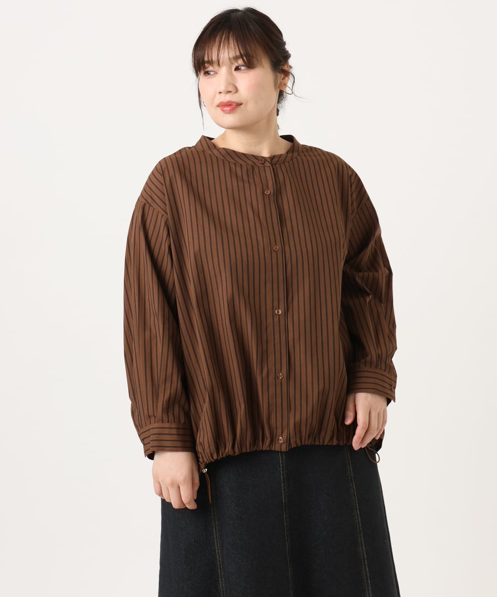 OLBKA16089 eur3(エウルキューブ) 【WEB先行販売】【大きいサイズ】バンドカラーストライプブラウス ダークブラウン(87)