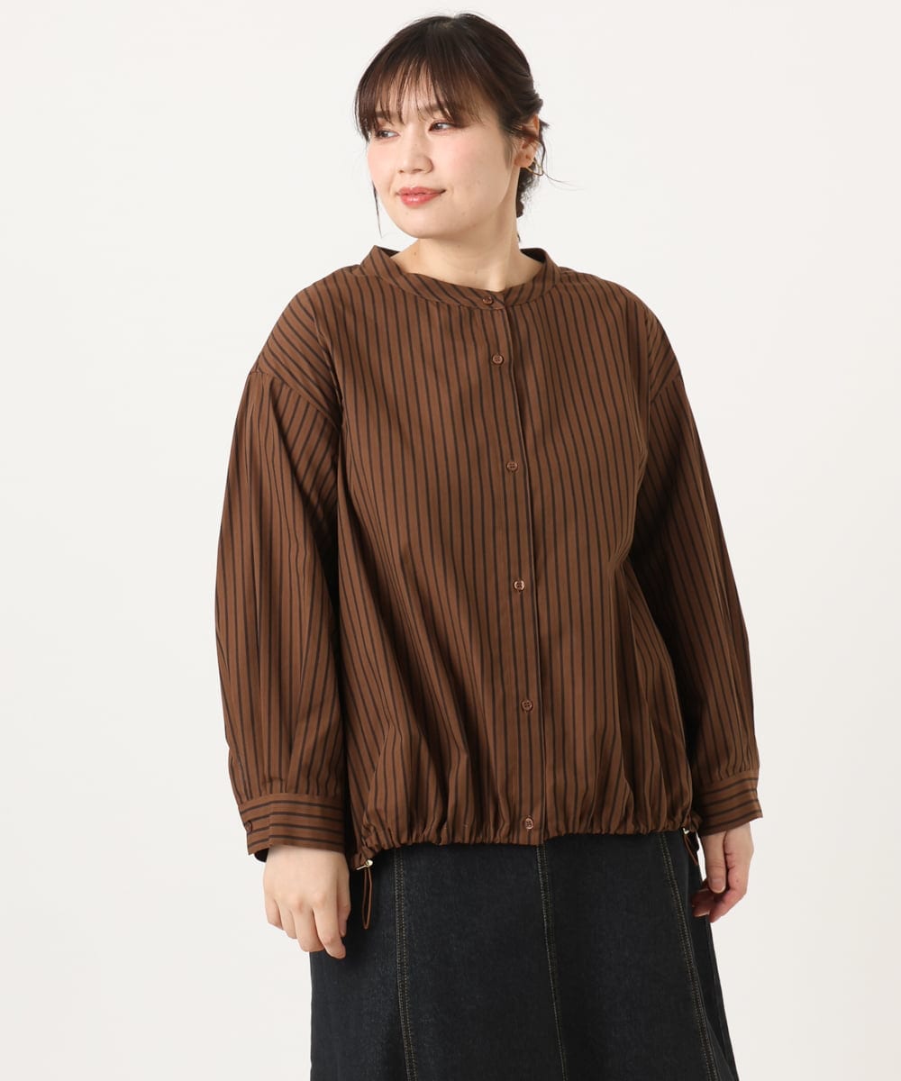 OLBKA16089 eur3(エウルキューブ) 【WEB先行販売】【大きいサイズ】バンドカラーストライプブラウス ダークブラウン(87)