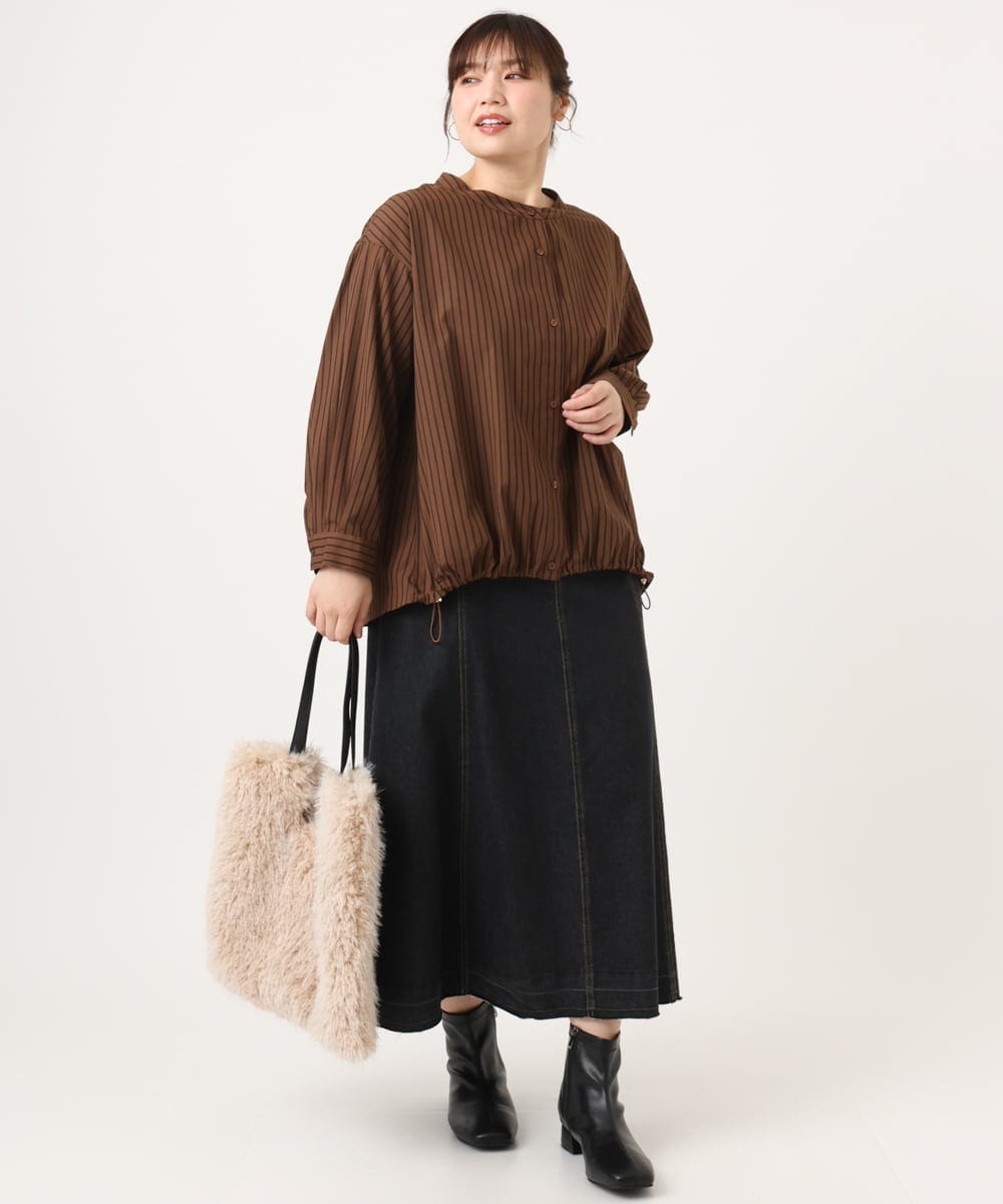 OLBKA16089 eur3(エウルキューブ) 【WEB先行販売】【大きいサイズ】バンドカラーストライプブラウス ダークブラウン(87)