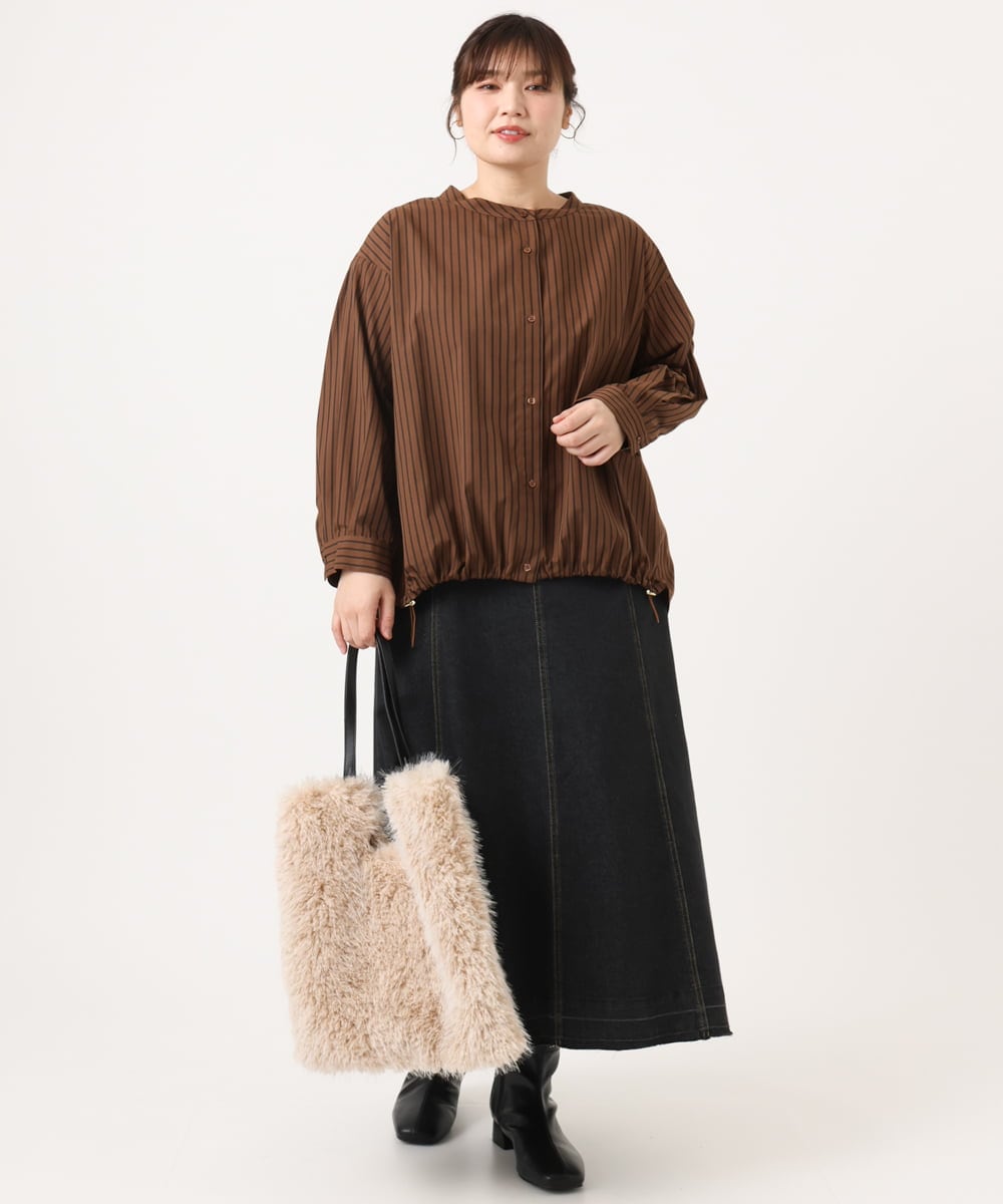 OLBKA16089 eur3(エウルキューブ) 【WEB先行販売】【大きいサイズ】バンドカラーストライプブラウス ダークブラウン(87)