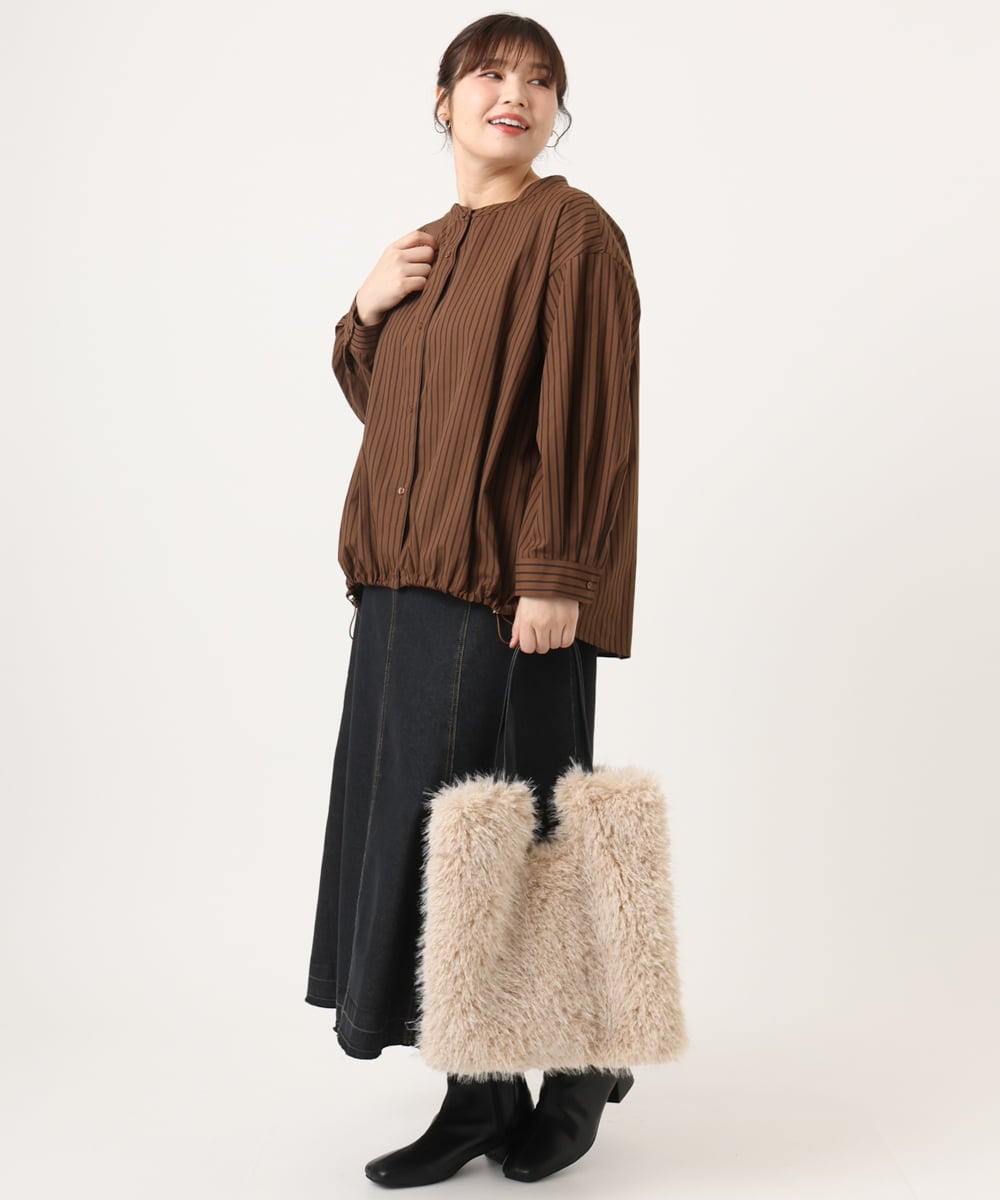 OLBKA16089 eur3(エウルキューブ) 【WEB先行販売】【大きいサイズ】バンドカラーストライプブラウス ダークブラウン(87)