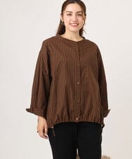 OLBKA16089 eur3(エウルキューブ) 【大きいサイズ】バンドカラーストライプブラウス ダークブラウン(87)