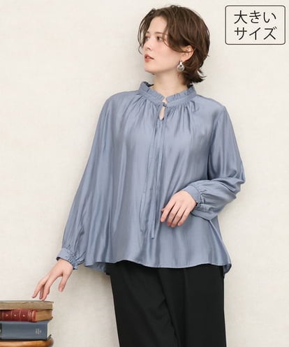OLBKD09099 eur3 【大きいサイズ/11号サイズあり】リボンタイフリルネックブラウス