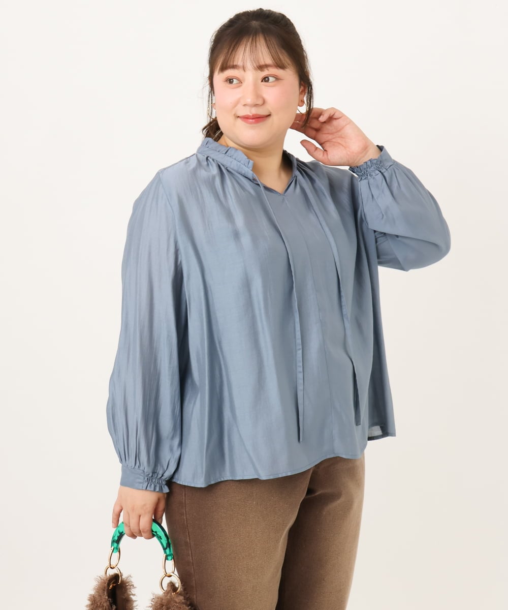 OLBKD09099 eur3(エウルキューブ) 【大きいサイズ/11号サイズあり】リボンタイフリルネックブラウス ライトブルー