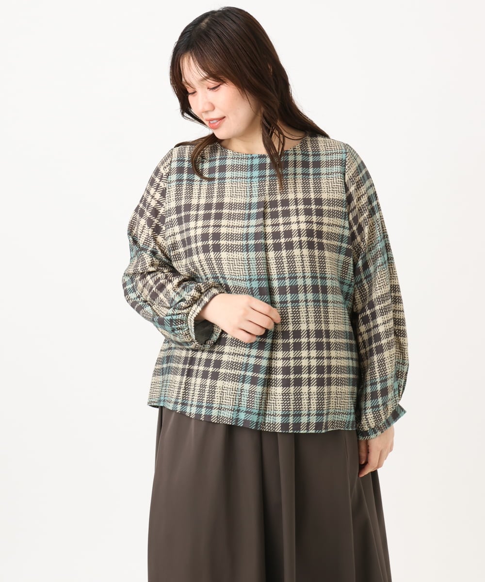 OLBKD15089 eur3(エウルキューブ) 【大きいサイズ/2way】千鳥チェックブラウス グリーン