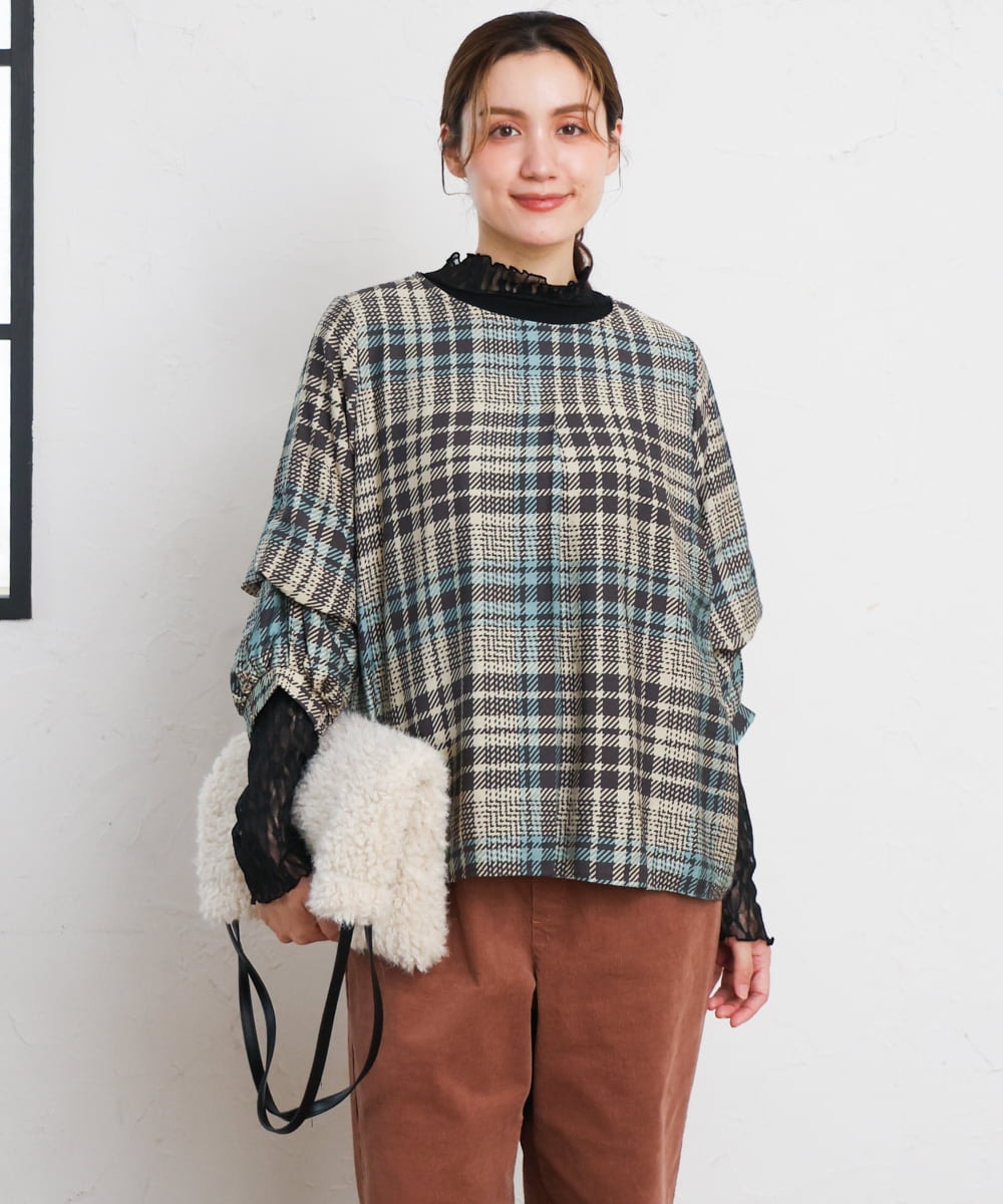 OLBKD15089 eur3(エウルキューブ) 【大きいサイズ/2way】千鳥チェックブラウス グリーン
