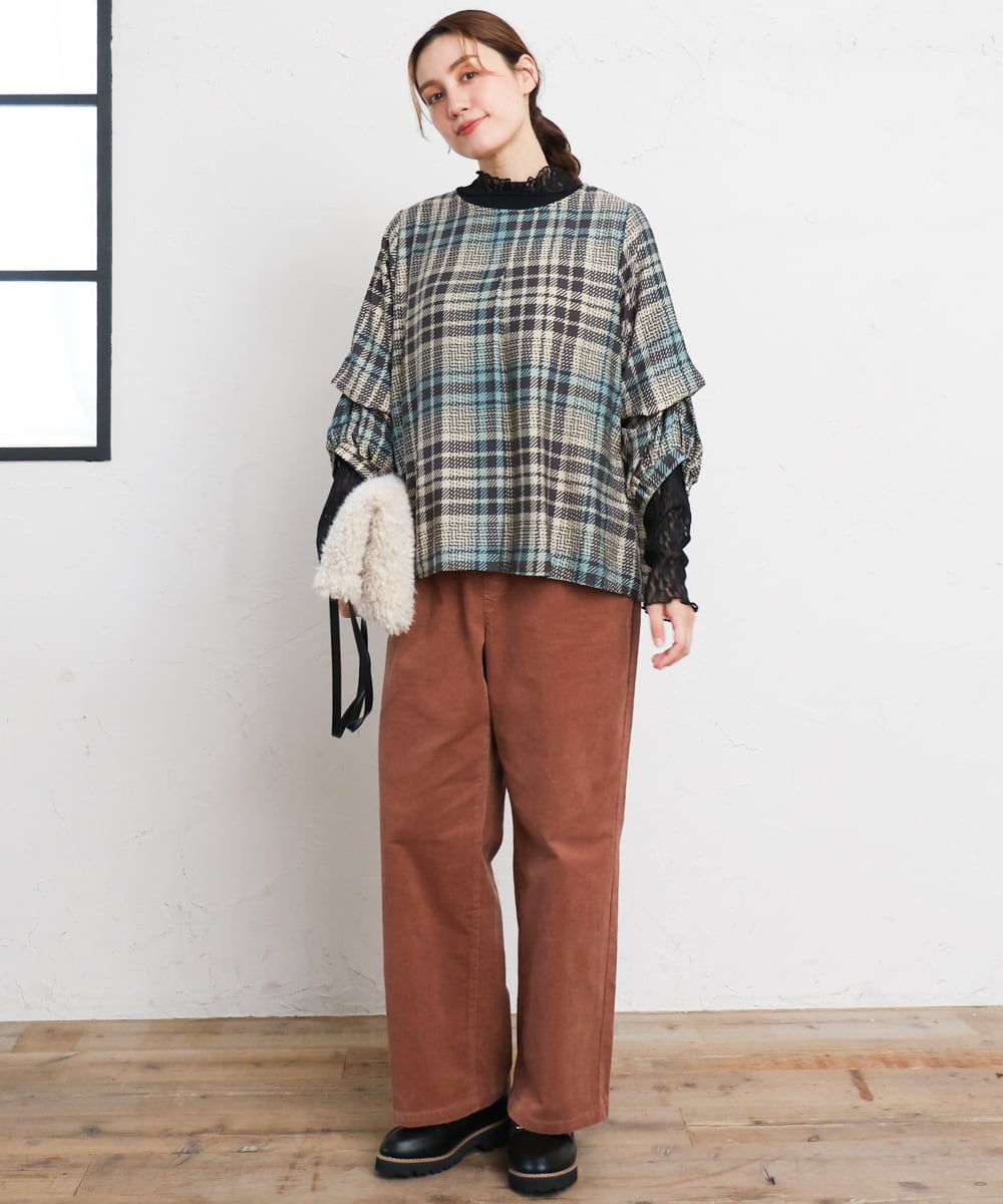 OLBKD15089 eur3(エウルキューブ) 【大きいサイズ/2way】千鳥チェックブラウス グリーン