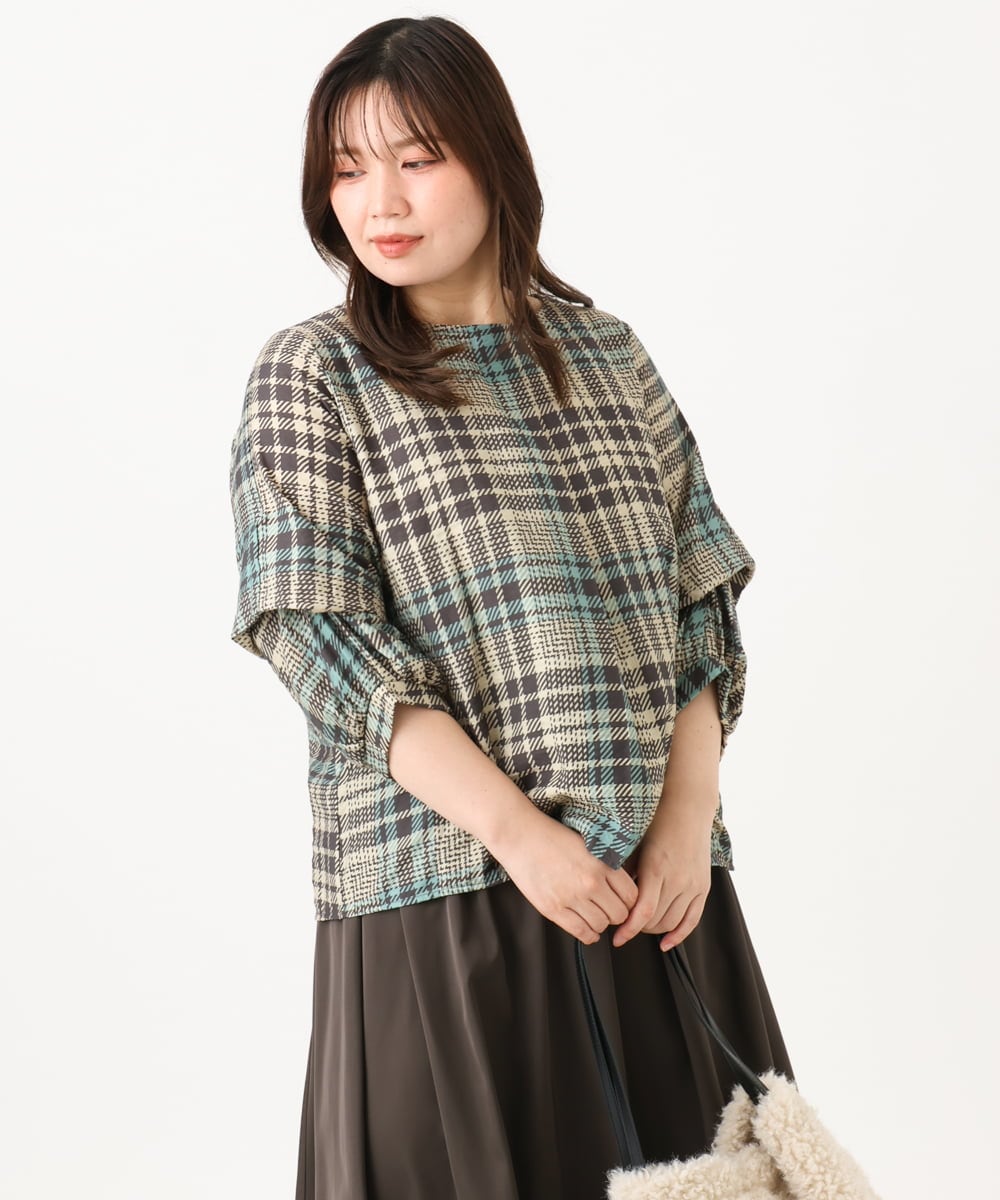 OLBKD15089 eur3(エウルキューブ) 【大きいサイズ/2way】千鳥チェックブラウス グリーン
