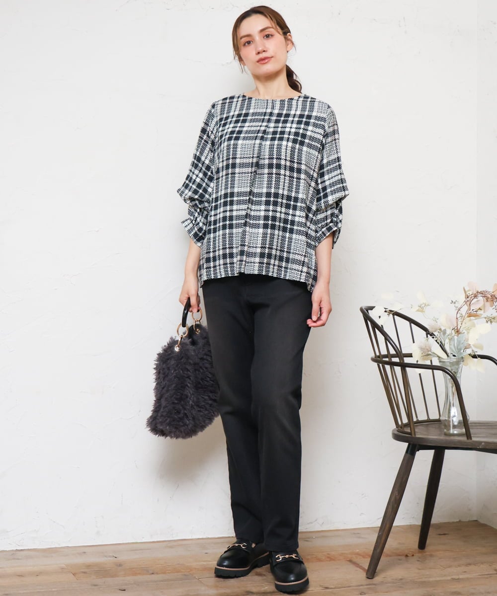 OLBKD15089 eur3(エウルキューブ) 【大きいサイズ/2way】千鳥チェックブラウス ブラック