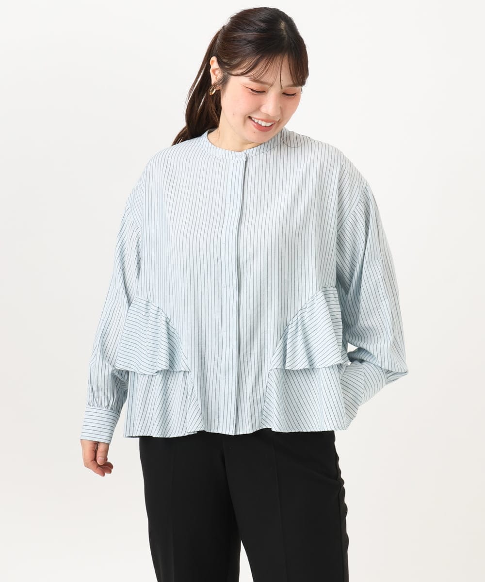 OLBKD16099 eur3(エウルキューブ) 【大きいサイズ】ストライプティアードシャツ ライトブルー