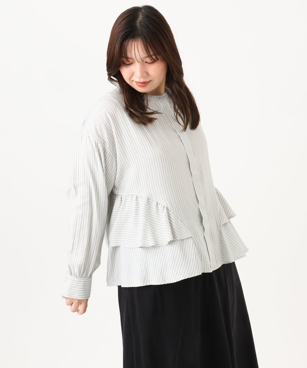 OLBKD16099 eur3(エウルキューブ) 【大きいサイズ】ストライプティアードシャツ グレージュ