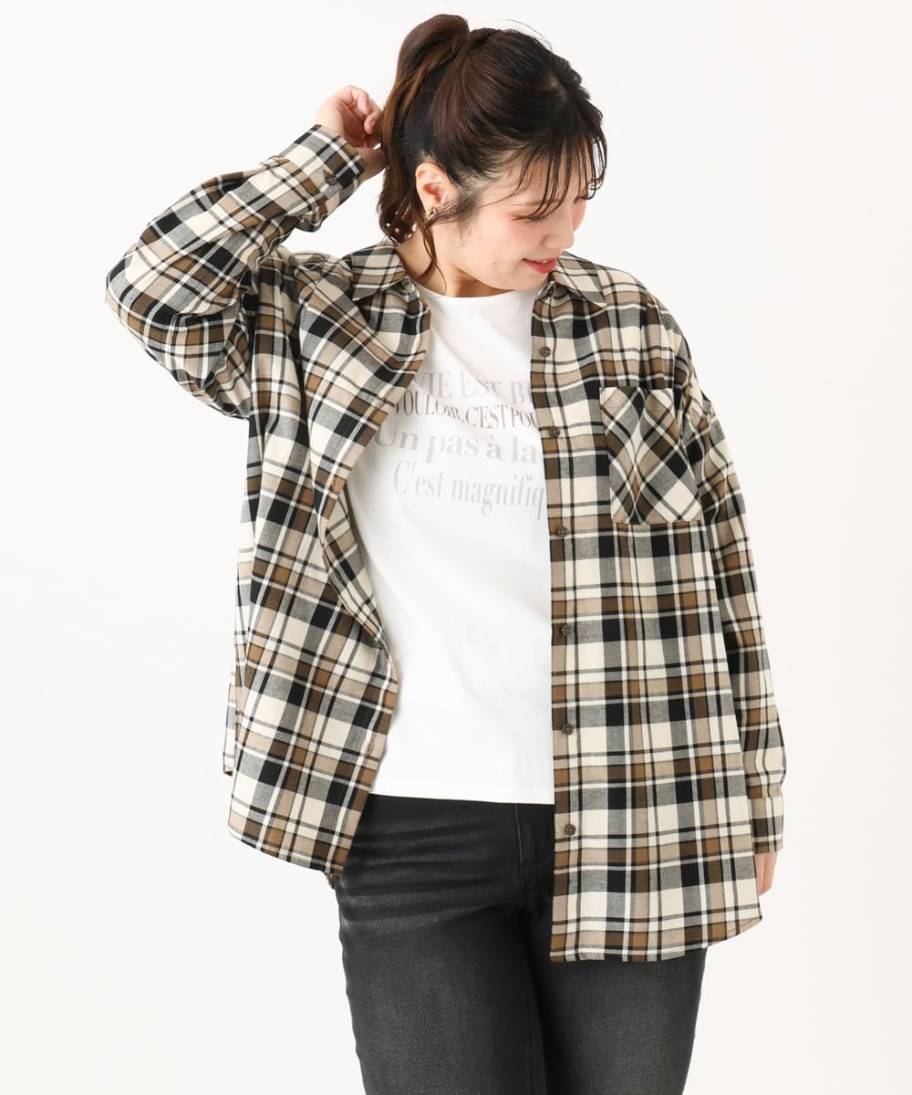 OLBLA13099 eur3(エウルキューブ) 【WEB先行販売】【大きいサイズ】チェック柄ネルシャツ モカ(84)