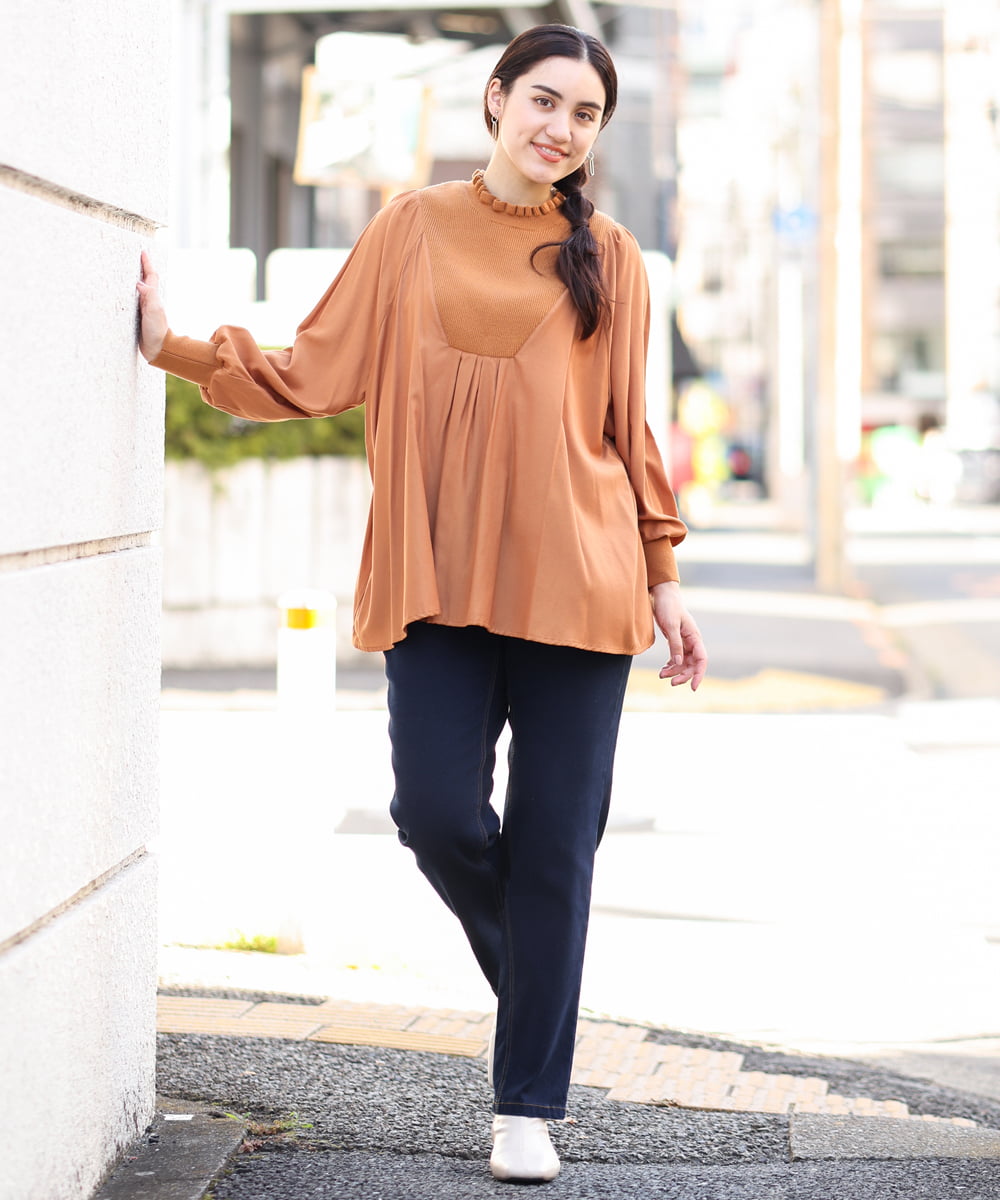 OLBLP10090 eur3(エウルキューブ) 【雑誌掲載】【大きいサイズ/11号サイズあり】ニットドッキングフリルブラウス オレンジ(15)