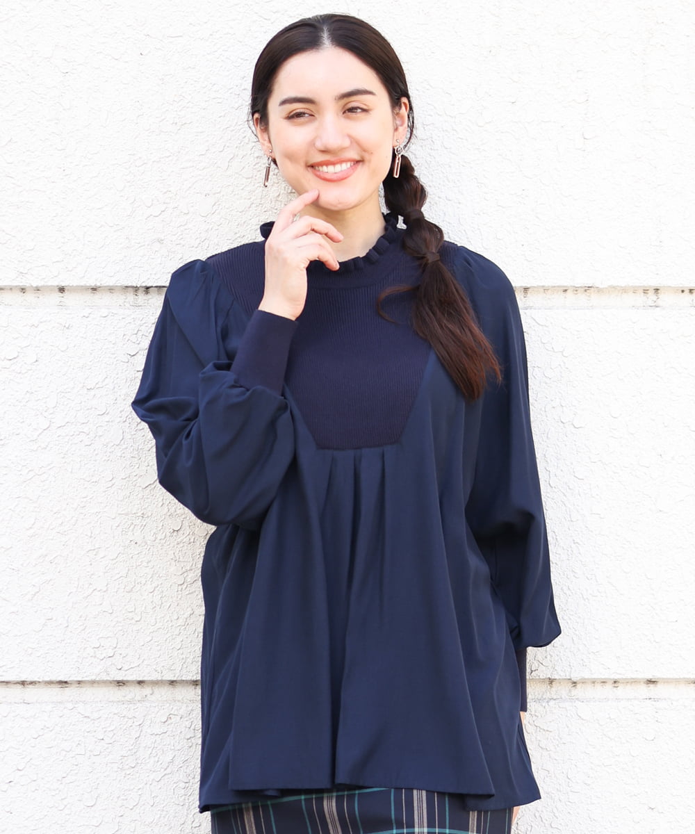 OLBLP10090 eur3(エウルキューブ) 【雑誌掲載】【大きいサイズ/11号サイズあり】ニットドッキングフリルブラウス ネイビー(57)