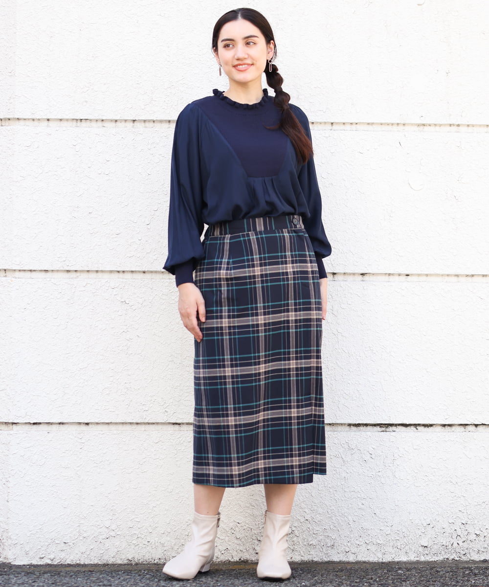 OLBLP10090 eur3(エウルキューブ) 【雑誌掲載】【大きいサイズ/11号サイズあり】ニットドッキングフリルブラウス ネイビー(57)
