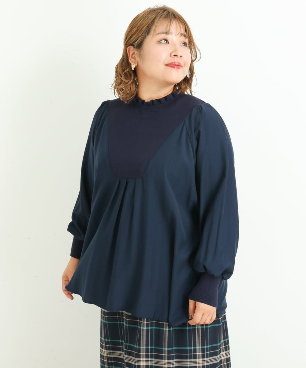OLBLP10090 eur3(エウルキューブ) 【雑誌掲載】【大きいサイズ/11号サイズあり】ニットドッキングフリルブラウス ネイビー(57)