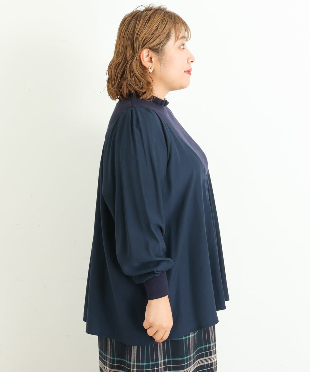 OLBLP10090 eur3(エウルキューブ) 【雑誌掲載】【大きいサイズ/11号サイズあり】ニットドッキングフリルブラウス ネイビー(57)