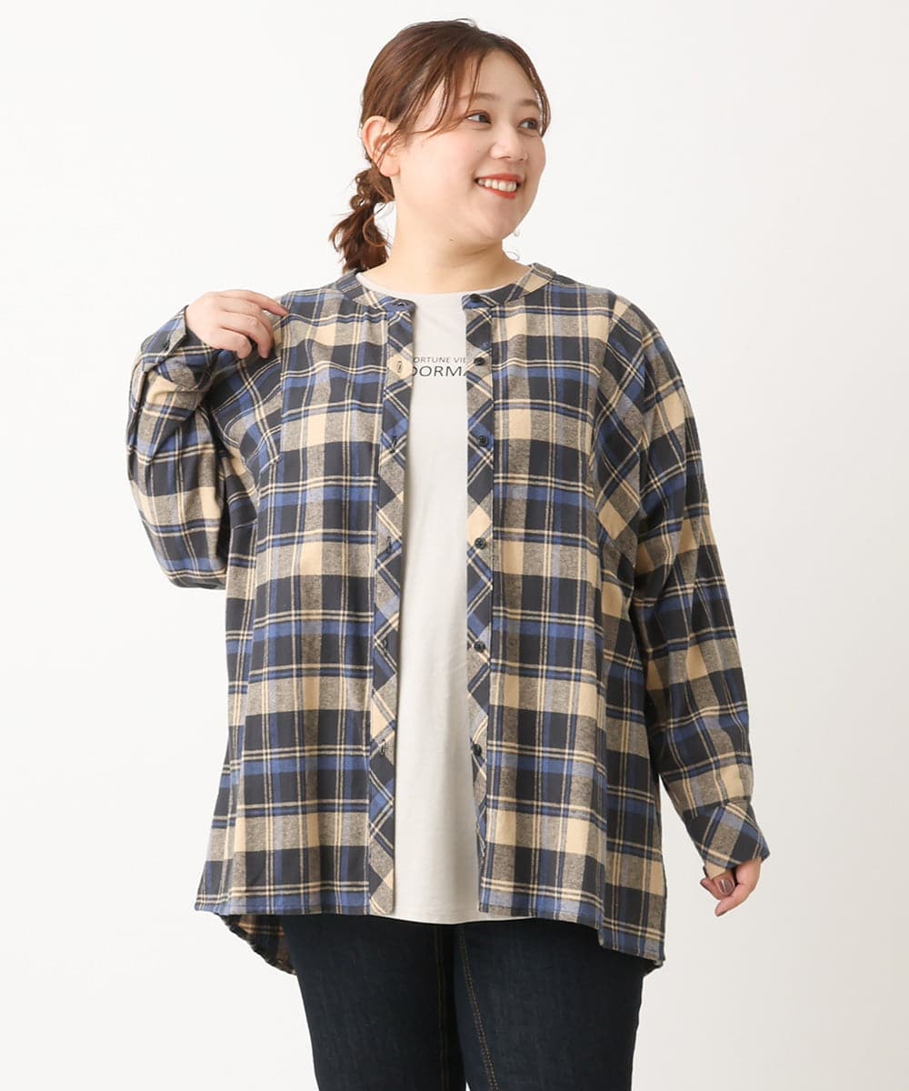 OLBLS12099 eur3(エウルキューブ) 【大きいサイズ/11号サイズあり】バンドカラーチェックネルシャツ ブルー(55)