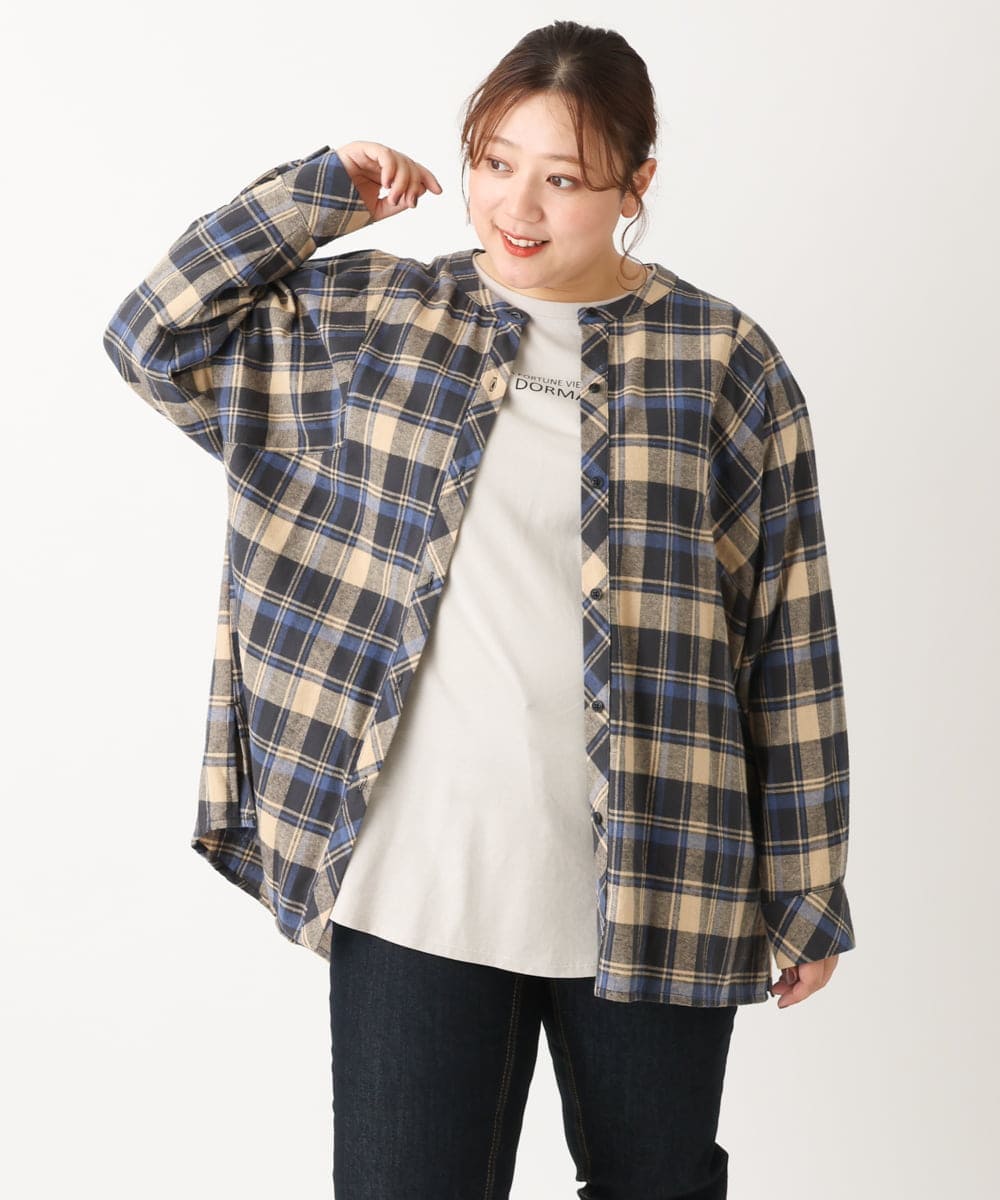 OLBLS12099 eur3(エウルキューブ) 【大きいサイズ/11号サイズあり】バンドカラーチェックネルシャツ ブルー(55)