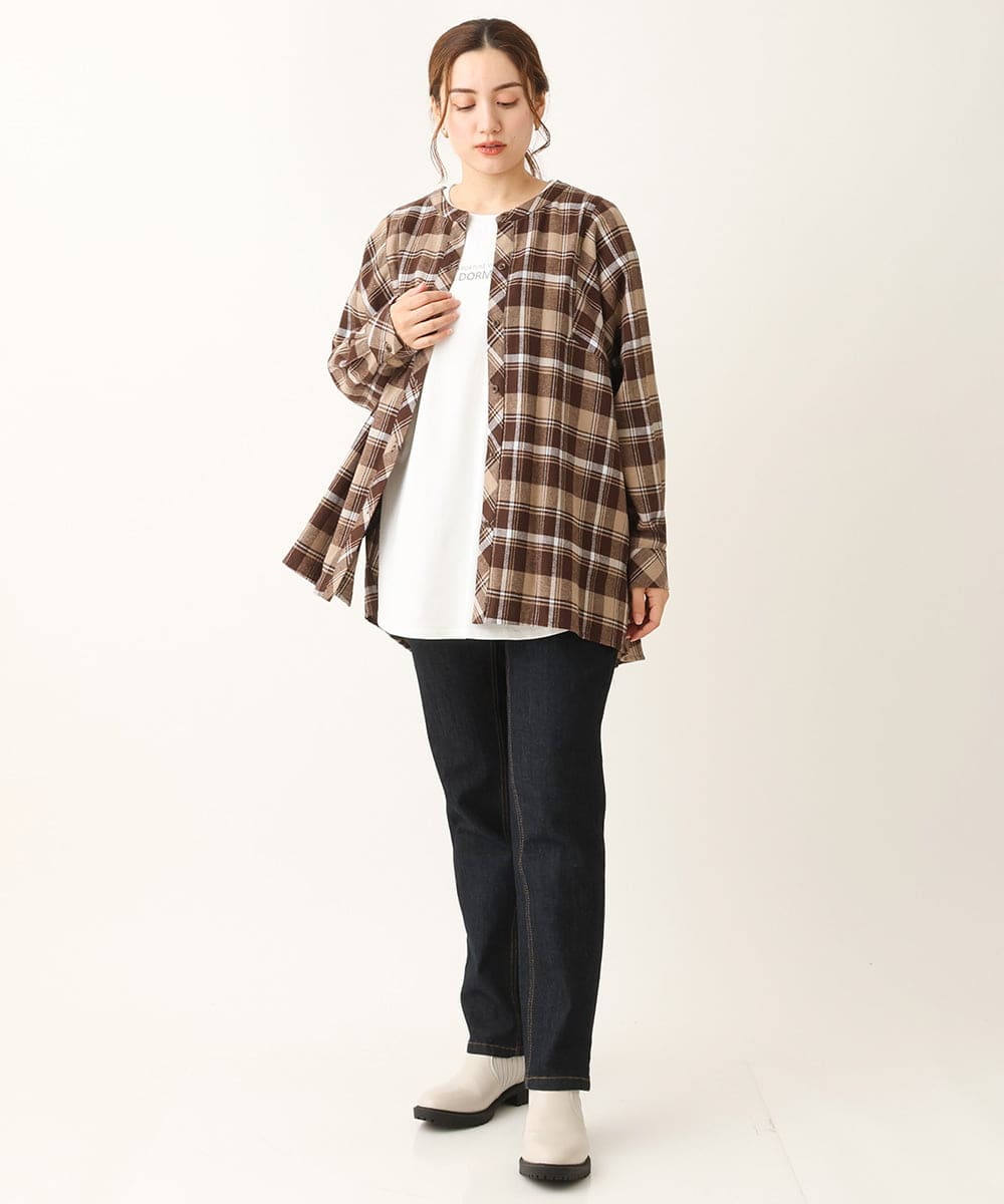OLBLS12099 eur3(エウルキューブ) 【大きいサイズ/11号サイズあり】バンドカラーチェックネルシャツ ブラウン(87)