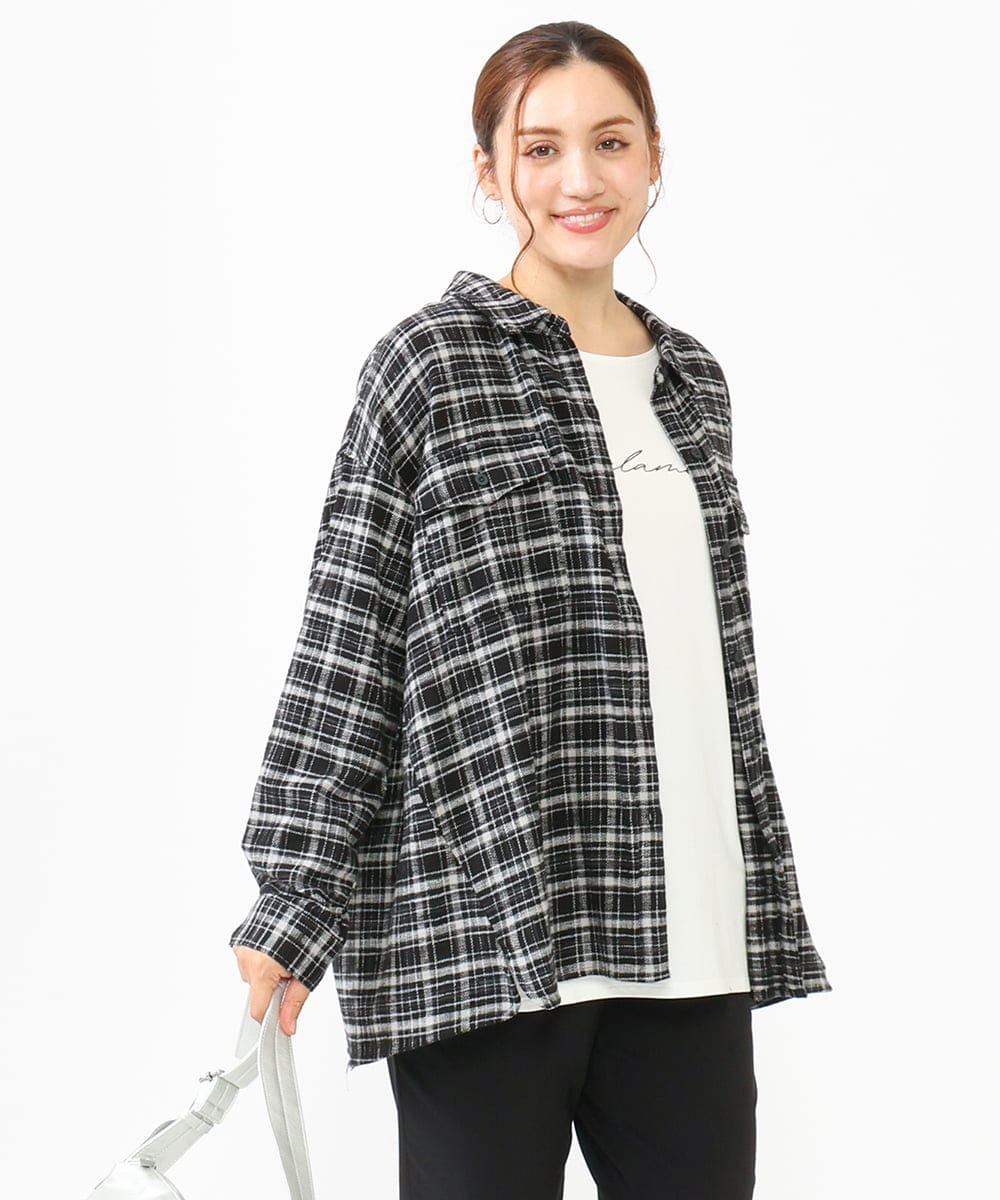 OLBLV15099 eur3(エウルキューブ) 【大きいサイズ】起毛チェックシャツ ブラック(94)