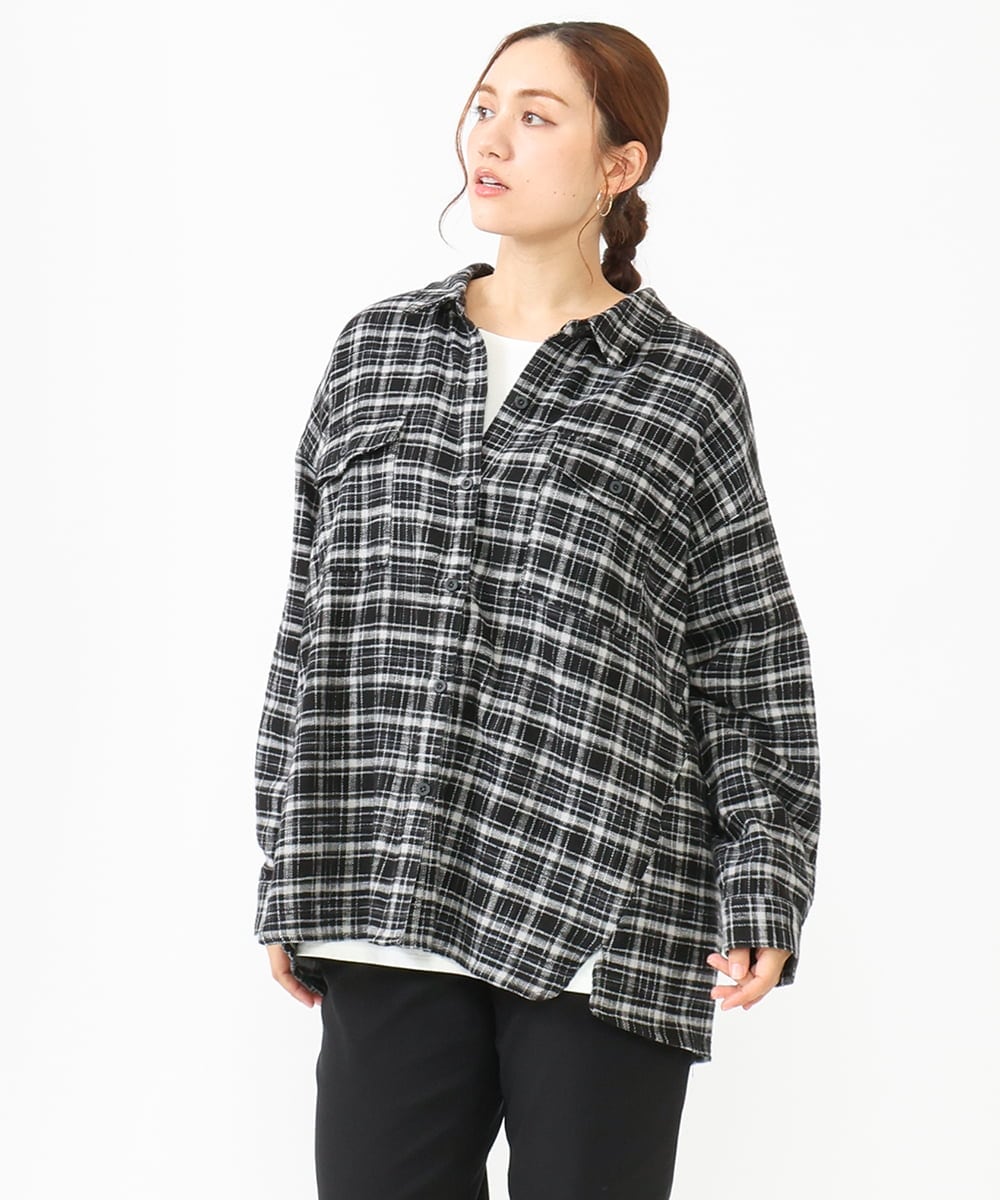 OLBLV15099 eur3(エウルキューブ) 【大きいサイズ】起毛チェックシャツ ブラック(94)