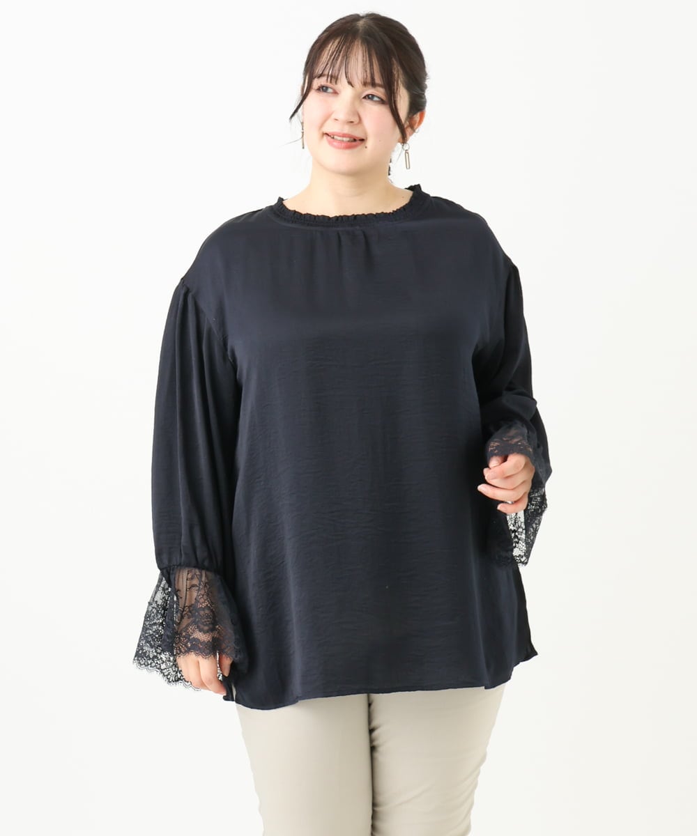 OLBLV16089 eur3(エウルキューブ) 【雑誌掲載】【大きいサイズ】レースコンビブラウス ネイビー(57)（WEB限定カラー）
