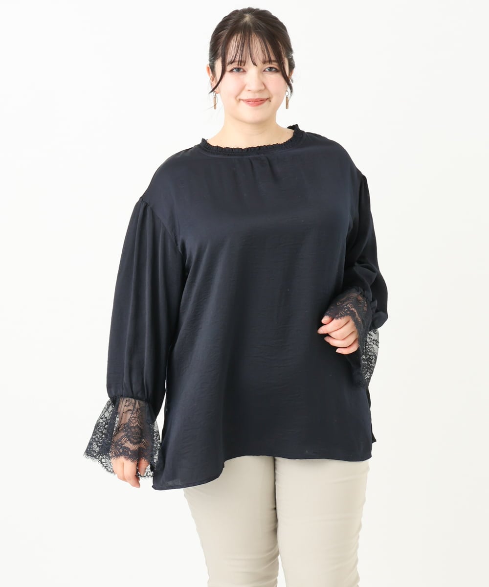 OLBLV16089 eur3(エウルキューブ) 【雑誌掲載】【大きいサイズ】レースコンビブラウス ネイビー(57)（WEB限定カラー）