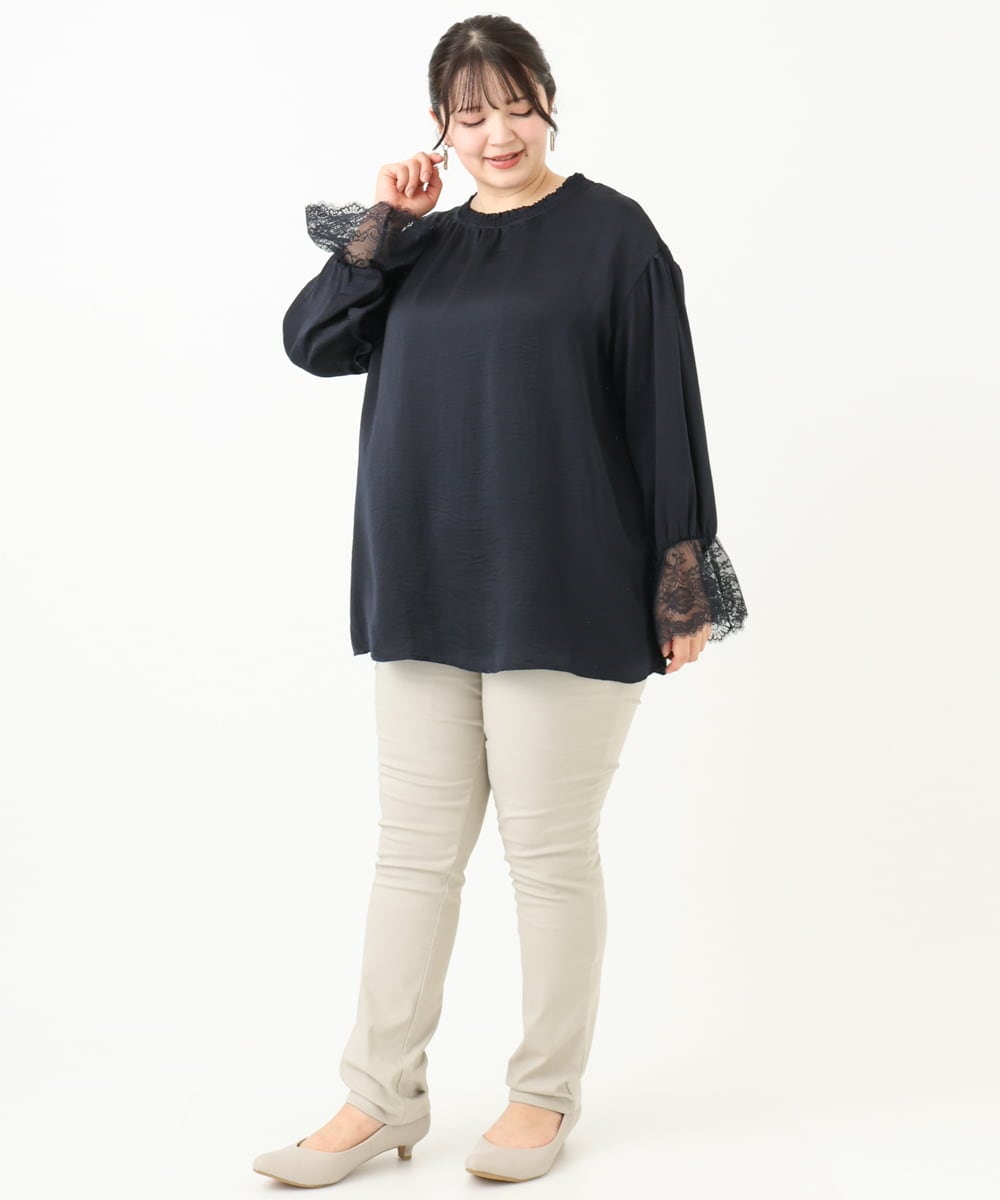 OLBLV16089 eur3(エウルキューブ) 【雑誌掲載】【大きいサイズ】レースコンビブラウス ネイビー(57)（WEB限定カラー）
