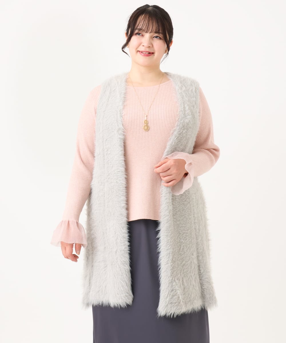 OLCBA04099 eur3(エウルキューブ) 【大きいサイズ】フェザーヤーンロングジレ ライトグレー(91)