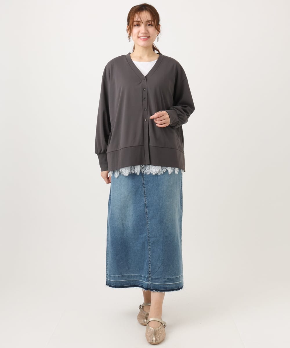 OLCED05099 eur3(エウルキューブ) 【WEB先行販売】【大きいサイズ】Vネックボクシーカーディガン ダークグレー