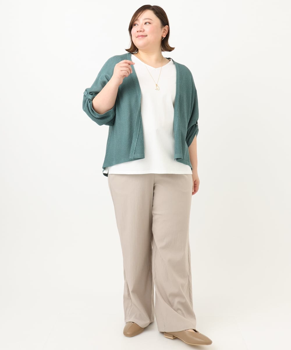 OLCFA18089 eur3(エウルキューブ) 【大きいサイズ】麻タッチトッパーカーディガン グリーン(35)