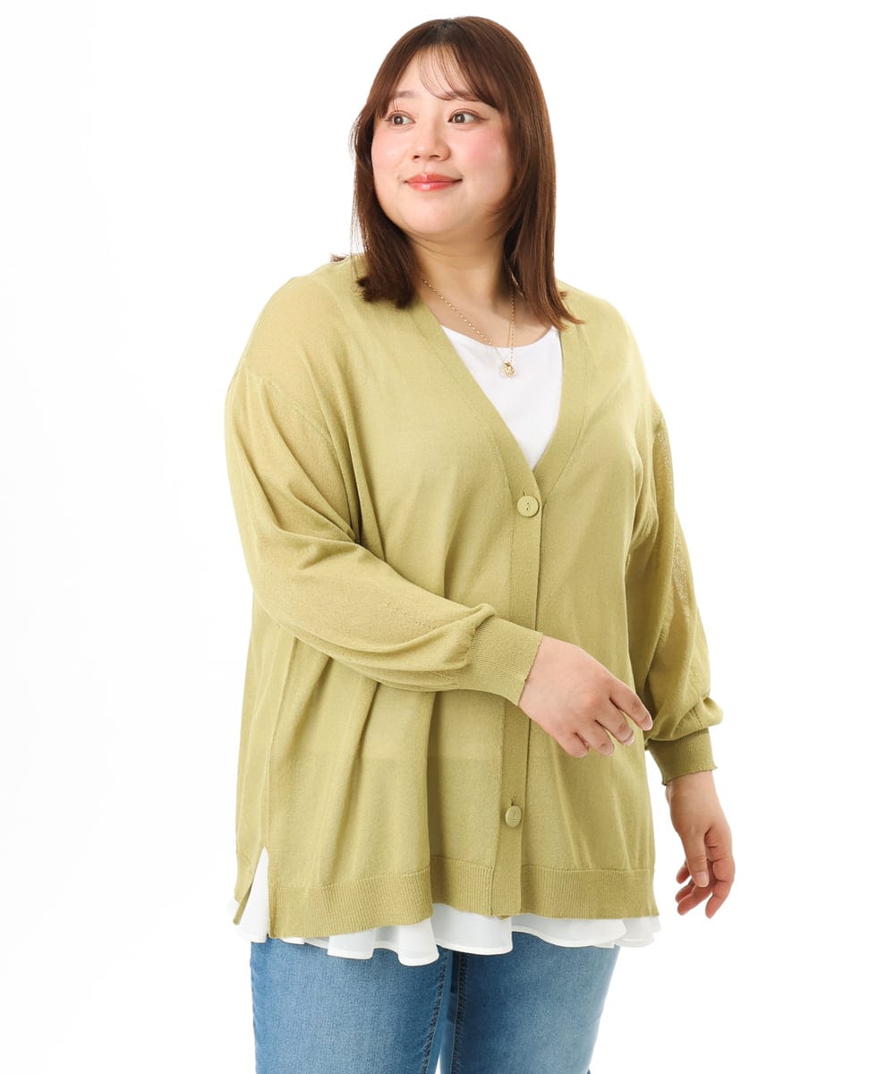 OLCGD07099 eur3(エウルキューブ) 【WEB先行販売】【大きいサイズ/接触冷感】Vネックシア―カーディガン ライトグリーン