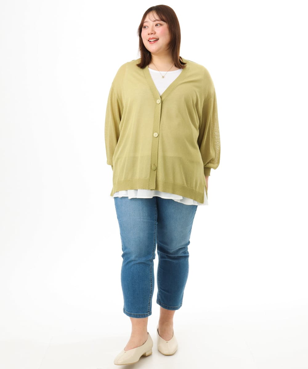 OLCGD07099 eur3(エウルキューブ) 【WEB先行販売】【大きいサイズ/接触冷感】Vネックシア―カーディガン ライトグリーン