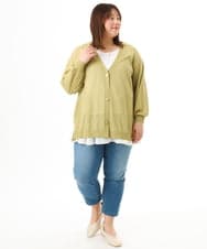 OLCGD07099 eur3(エウルキューブ) 【WEB先行販売】【大きいサイズ/接触冷感】Vネックシア―カーディガン ライトグリーン