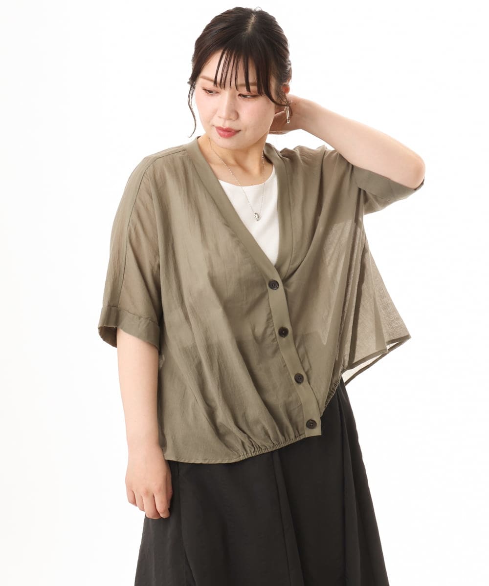 OLCHD11099 eur3(エウルキューブ) 【大きいサイズ】シア―Vネックカーディガン カーキ