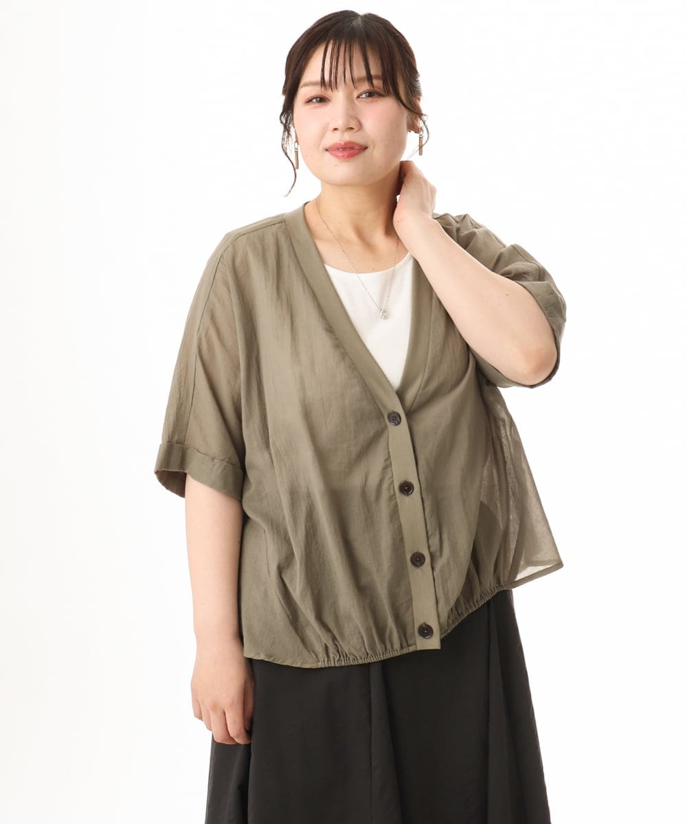 OLCHD11099 eur3(エウルキューブ) 【大きいサイズ】シア―Vネックカーディガン カーキ