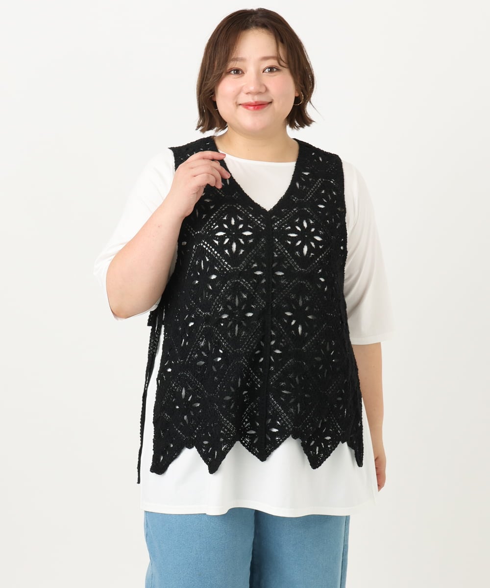 OLCIA24099 eur3(エウルキューブ) 【大きいサイズ】クロシェ風ベスト ブラック(94)
