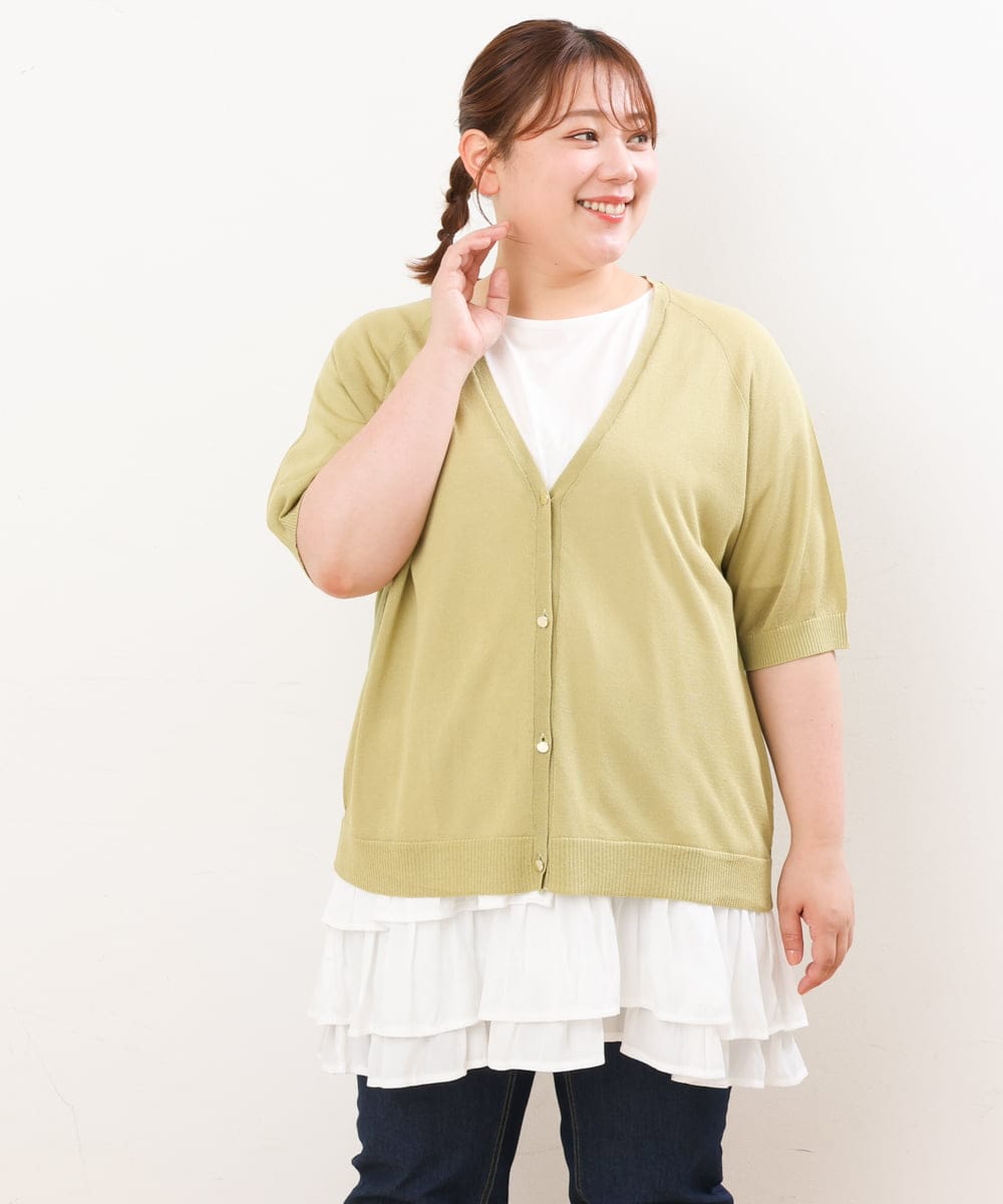OLCIS19080 eur3(エウルキューブ) 【大きいサイズ/接触冷感】洗える5分袖カーディガン ライトグリーン(30)