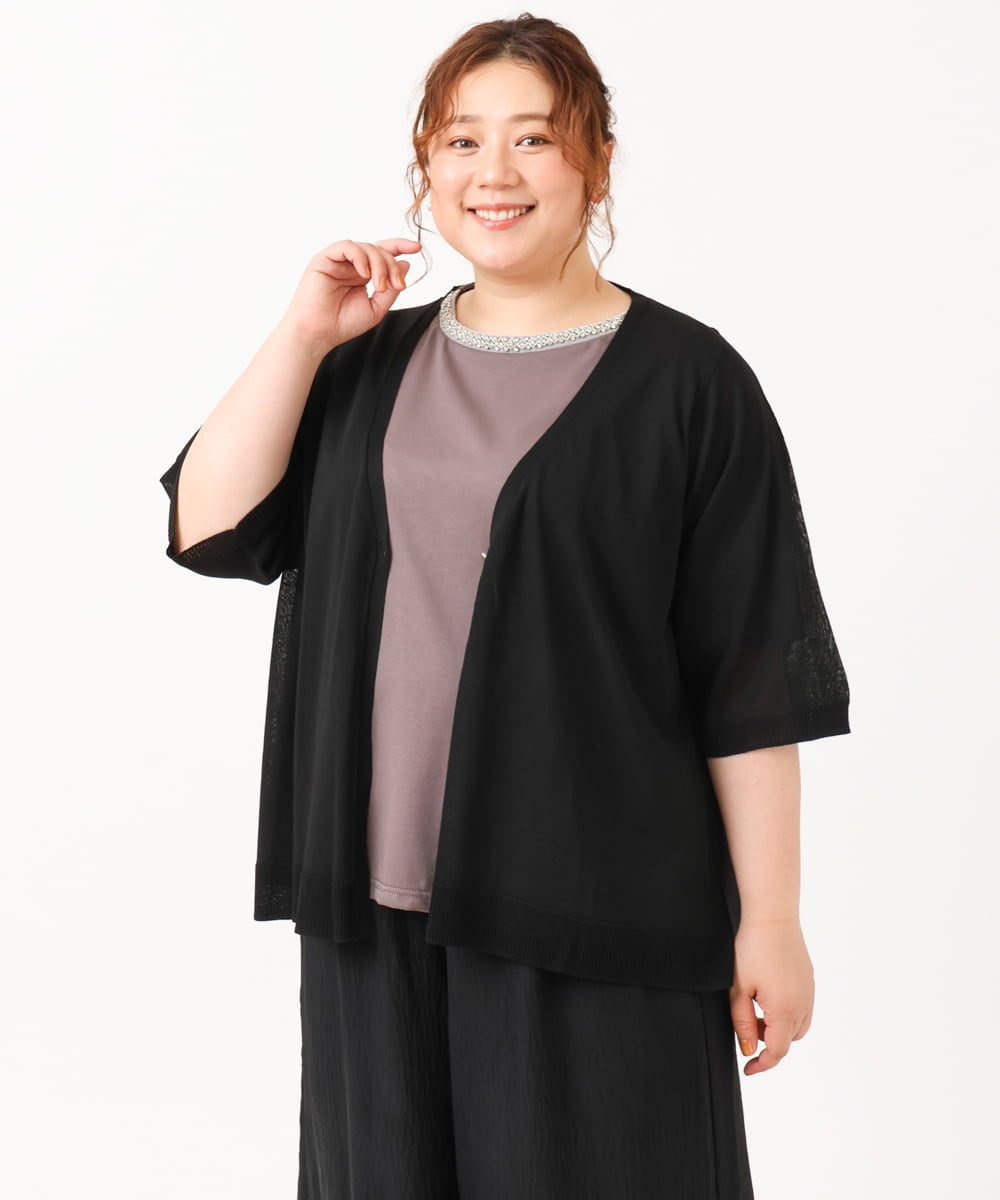 OLCIV15089 eur3(エウルキューブ) 【大きいサイズ】ハーフスリーブコンビカーディガン ブラック(94)