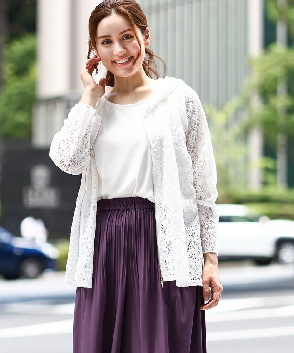 OLCJA01119 eur3(エウルキューブ) 【大きいサイズ】レースジップアップフーディー ホワイト(90)