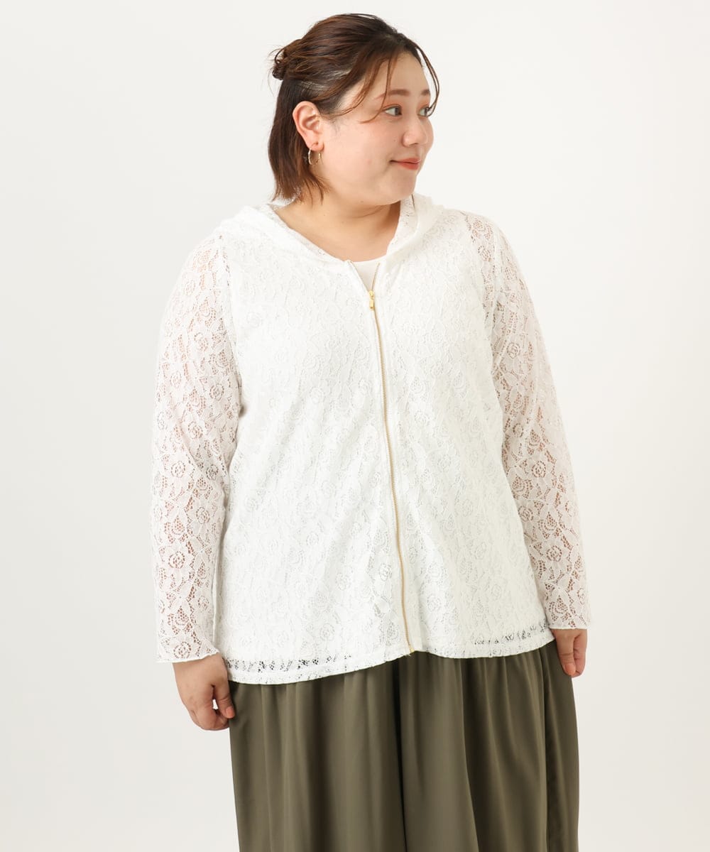 OLCJA01119 eur3(エウルキューブ) 【大きいサイズ】レースジップアップフーディー ホワイト(90)