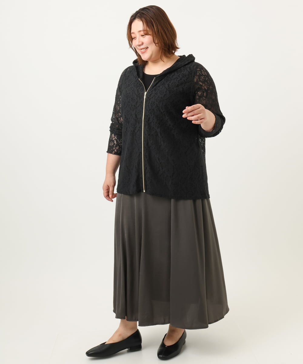 OLCJA01119 eur3(エウルキューブ) 【大きいサイズ】レースジップアップフーディー ブラック(94)