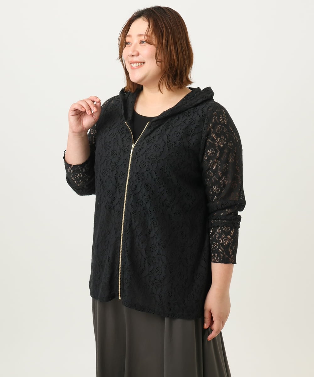 OLCJA01119 eur3(エウルキューブ) 【大きいサイズ】レースジップアップフーディー ブラック(94)