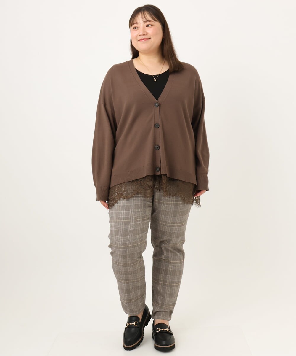 OLCKD03099 eur3(エウルキューブ) 【WEB先行販売】【大きいサイズ】裾レースVネックカーディガン モカ