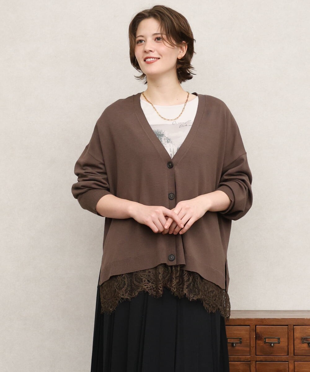 OLCKD03099 eur3(エウルキューブ) 【WEB先行販売】【大きいサイズ】裾レースVネックカーディガン モカ
