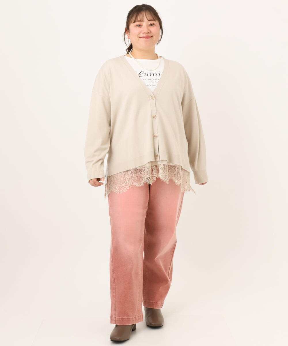 OLCKD03099 eur3(エウルキューブ) 【WEB先行販売】【大きいサイズ】裾レースVネックカーディガン グレージュ
