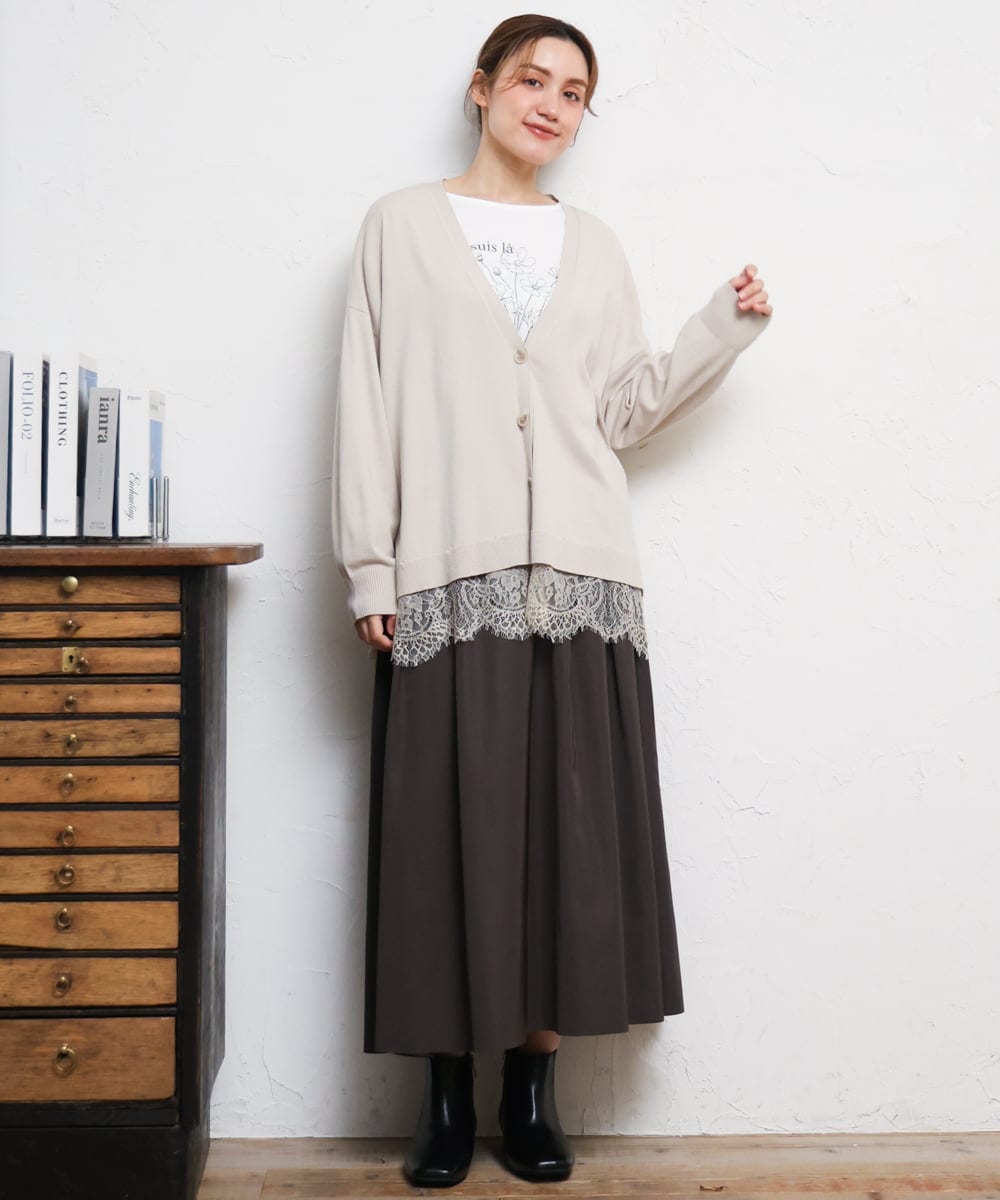 OLCKD03099 eur3(エウルキューブ) 【大きいサイズ】裾レースVネックカーディガン グレージュ