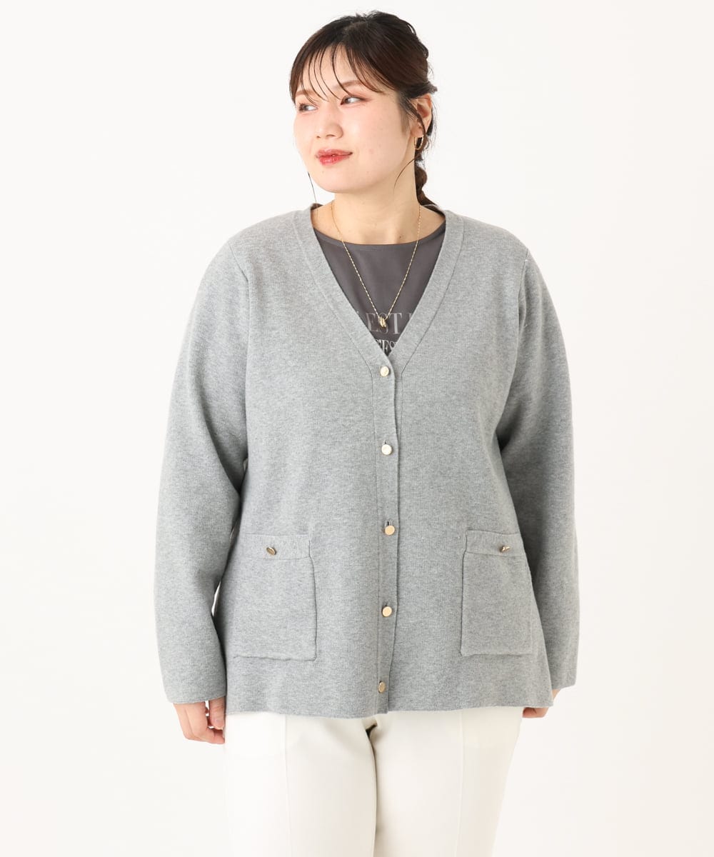 OLCLA08099 eur3(エウルキューブ) 【WEB先行販売】【大きいサイズ】Vネックゴールドボタンカーディガン グレー(92)