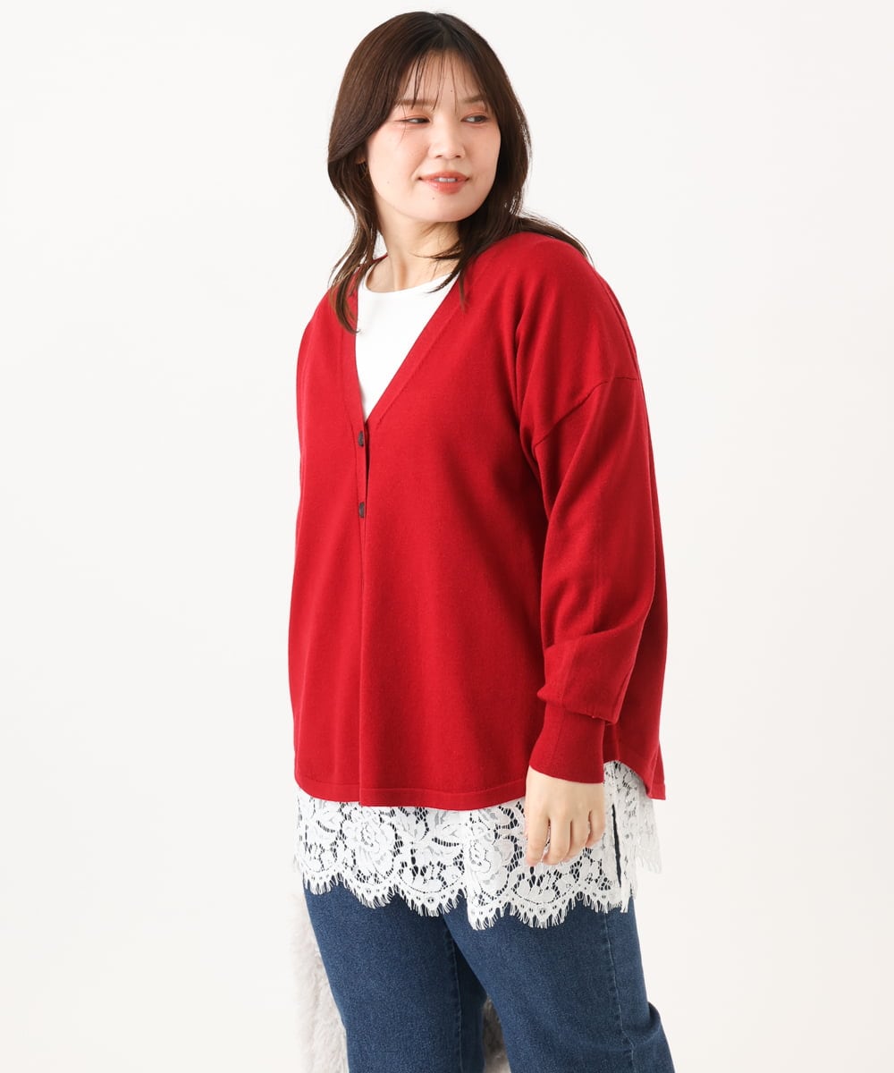 OLCLD06099 eur3(エウルキューブ) 【大きいサイズ】ラウンドヘムVネックカーディガン レッド